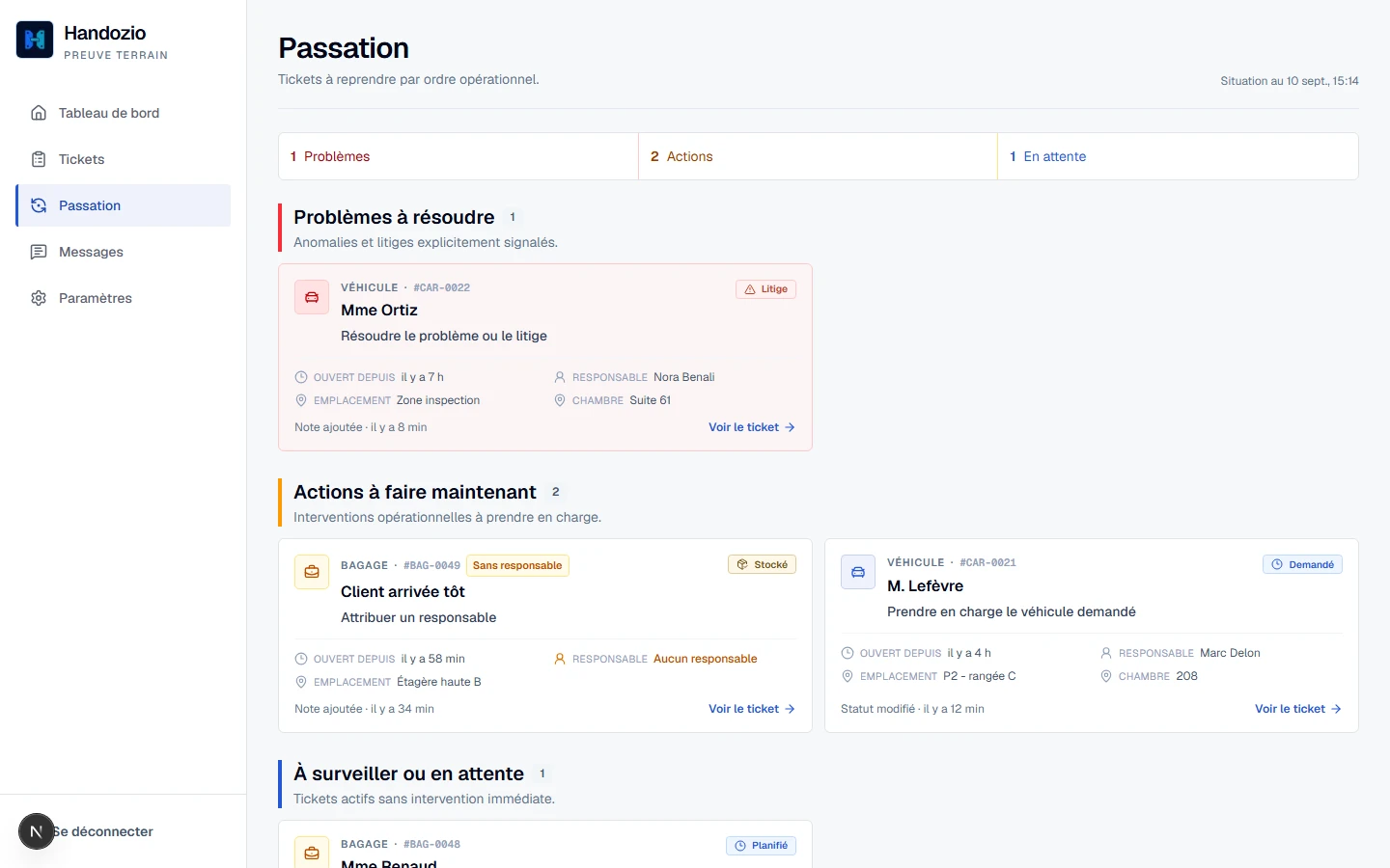Vue Handozio de passation regroupant problèmes, actions immédiates et tickets à surveiller.