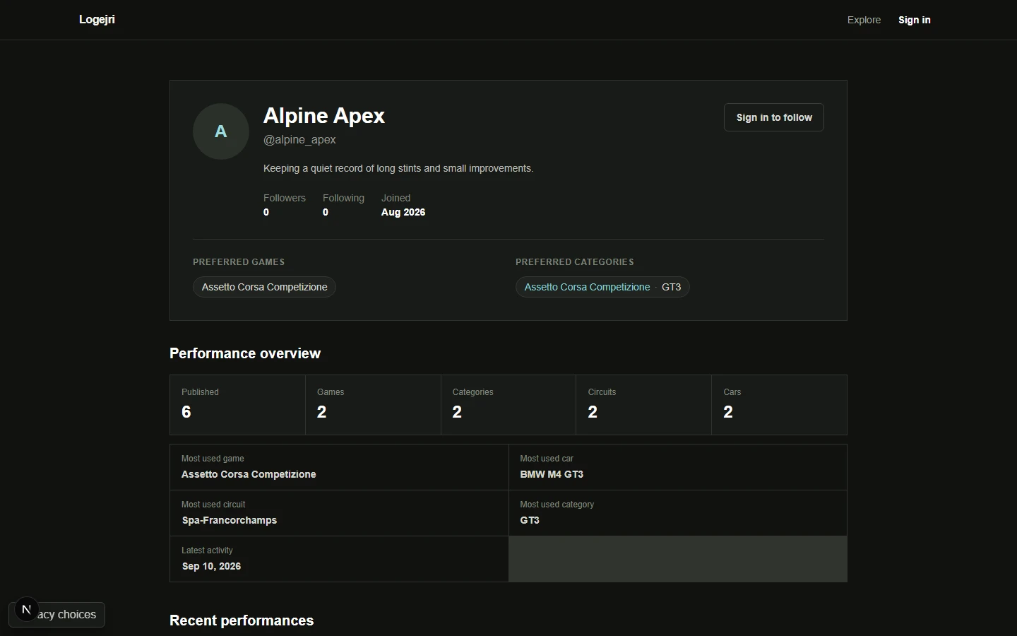 Profil public Logejri avec préférences de simulation et aperçu des performances.