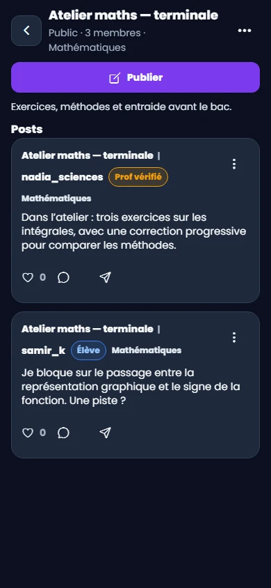 Page mobile d'un groupe Neqraw public avec membres, matière, description et publications.